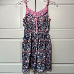 Roxy Girl Dress Multi Color‎ Print Spaghetti Strap Lace Trim Youth M 10 12